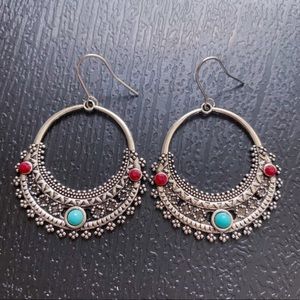 Boho Silver Earrings, India Ethnic Turquoise Hoop Earrings With Blue Red Stones